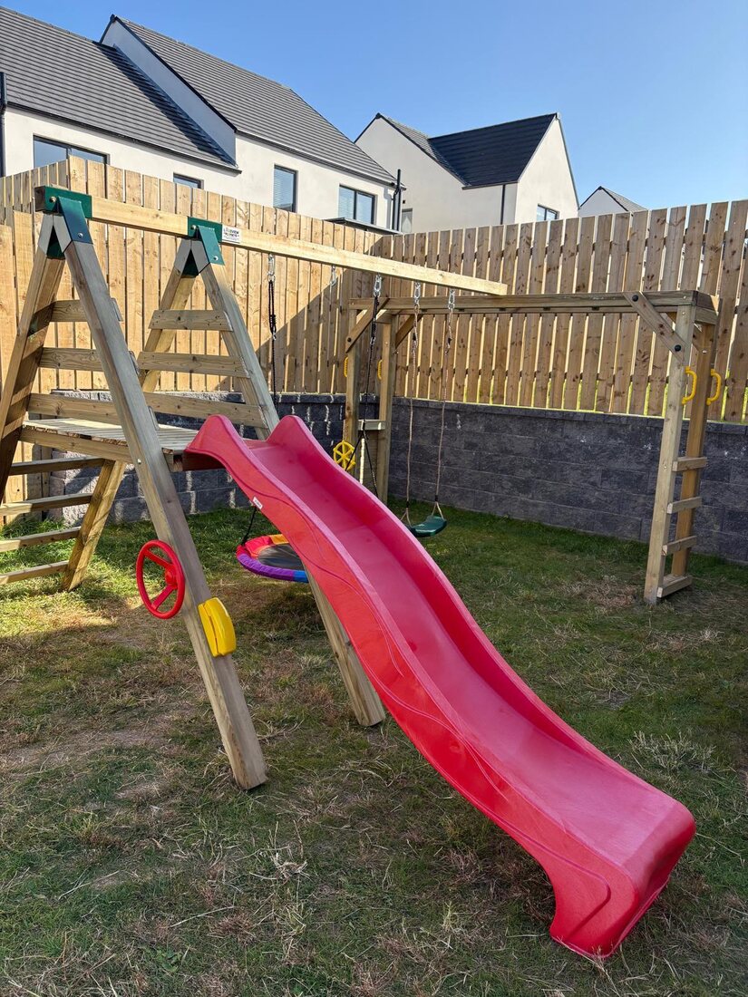 Swing and slide set with nest swing, normal swing and monkey bars